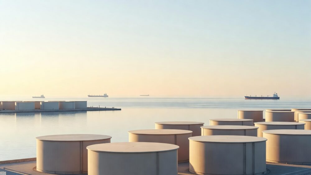 Lyst olieterminal ved morgengry, uden tekst